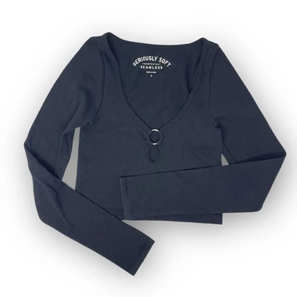 Abercrombie & Fitch Deep V-Neck O-Ring Long Sleeve Ribbed Crop Top Black Small